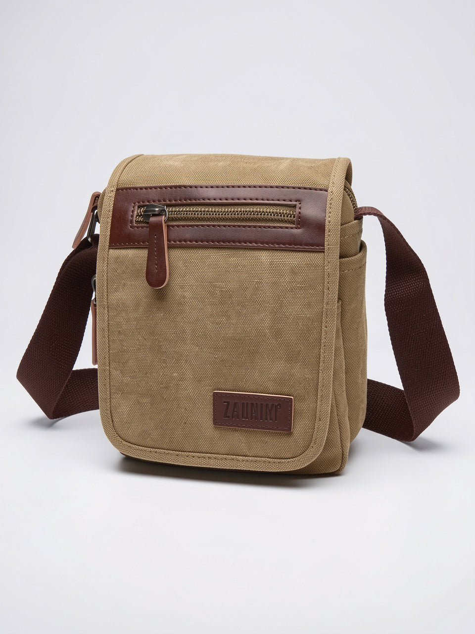Bandoulière Canvas Homme Rabat Poches Téléphone Sacoche Épaule - Camel Small