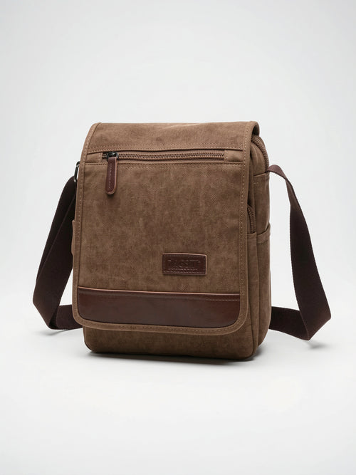 Bandoulière Canvas Homme Rabat Poches Téléphone Sacoche Épaule - Marron Medium