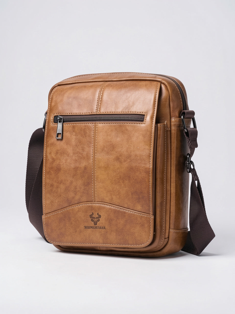 Sacoche authentique homme en cuir bandoulière zippée travail - Camel
