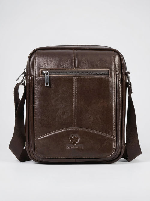 Sacoche authentique homme en cuir bandoulière zippée travail - Marron foncé