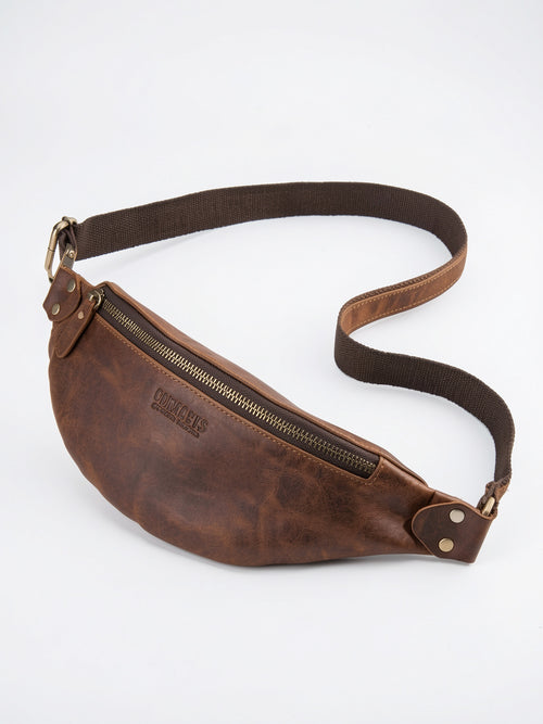 Sacoche Banane Homme en Cuir Zippée Compacte Poitrine - Marron 16cm x 13cm x 5cm