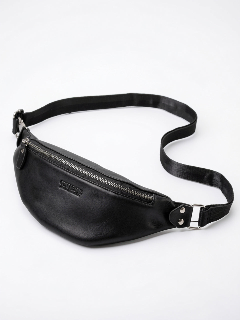 Sacoche Banane Homme en Cuir Zippée Compacte Poitrine - Noir 16cm x 13cm x 5cm