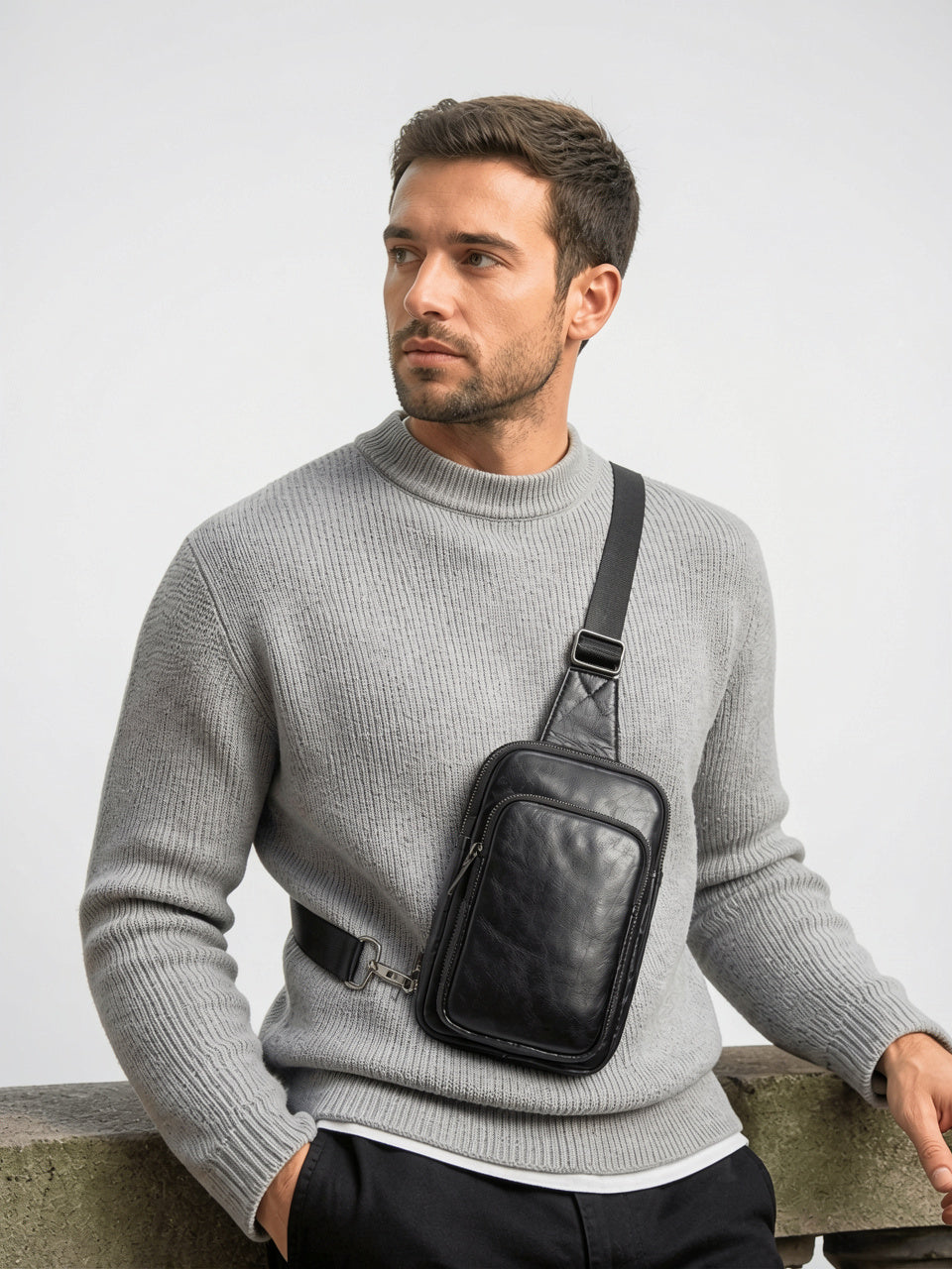 Sacoche Bandoulière Cuir Homme Compacte Zippée Vertical - 2