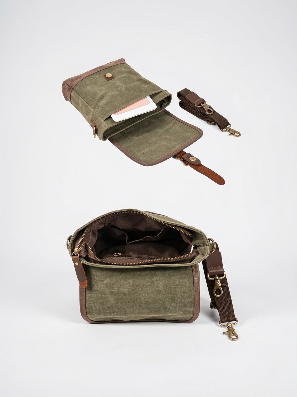 Sacoche Bandoulière Homme Canvas Ciré Petite Rabat Vintage - 12