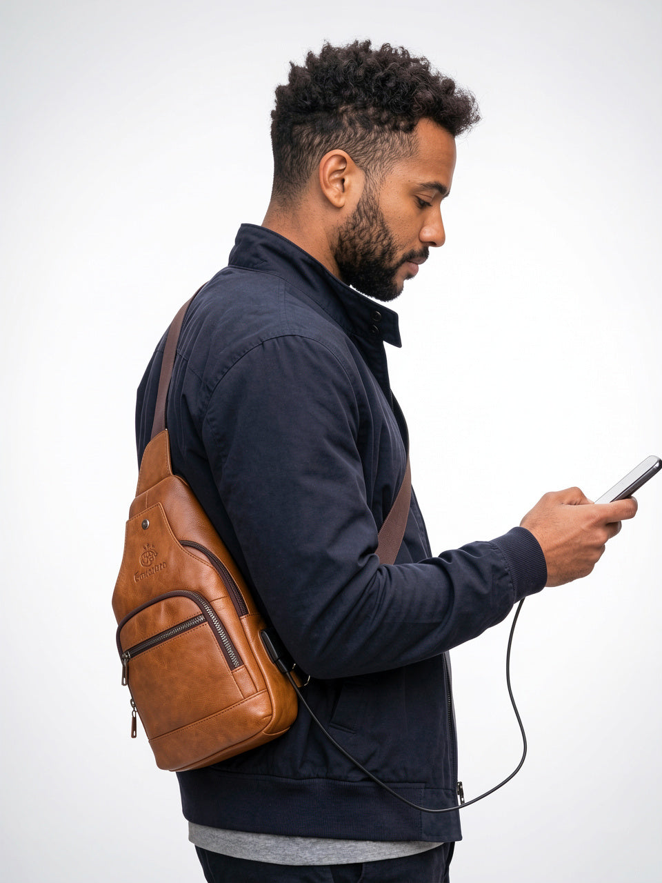 Sacoche Bandoulière Homme Cuir Croisée Zippée USB Port - 2