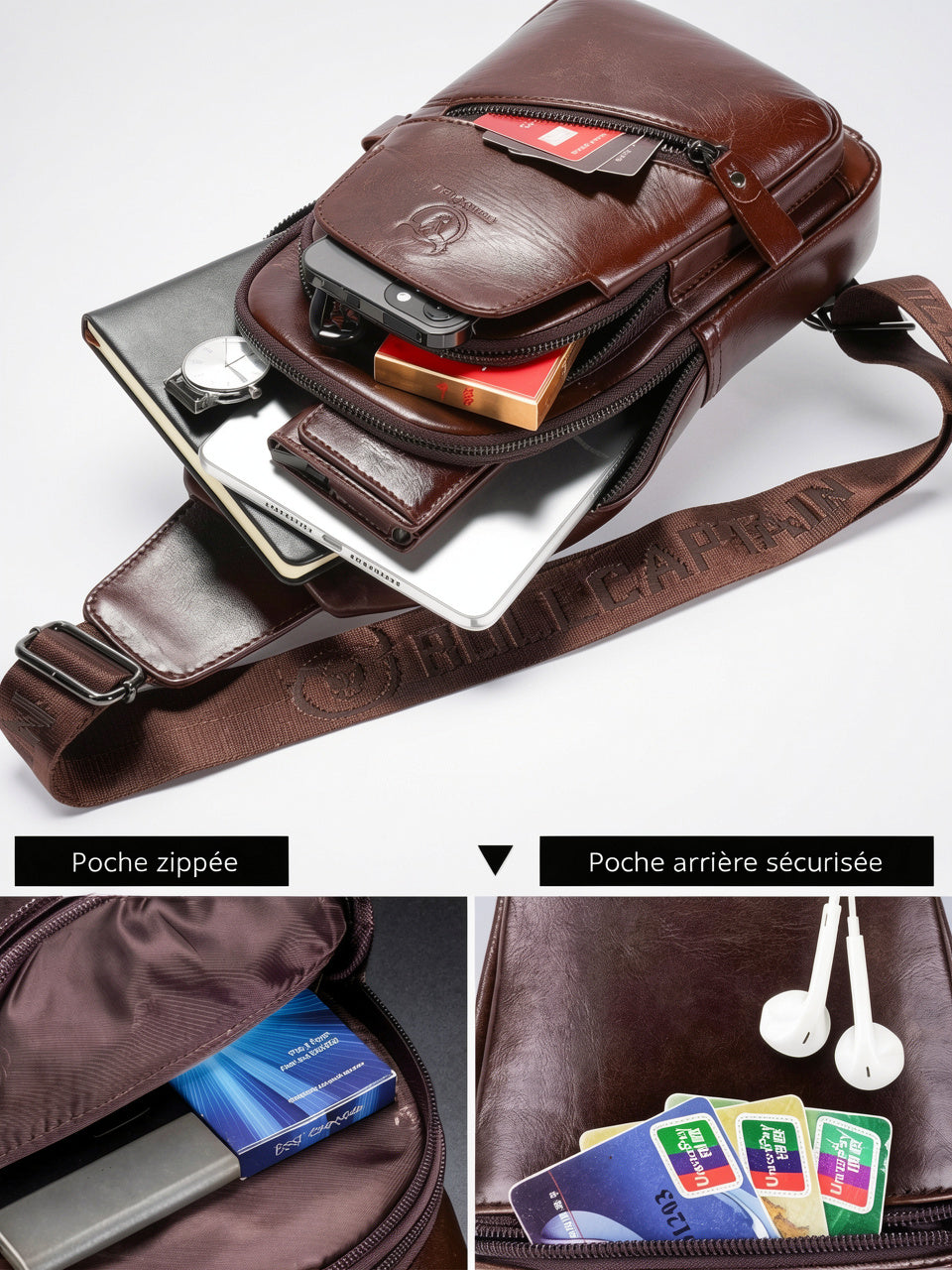 Sacoche Bandoulière Homme Cuir Grande Capacité Tablette Voyage - 11