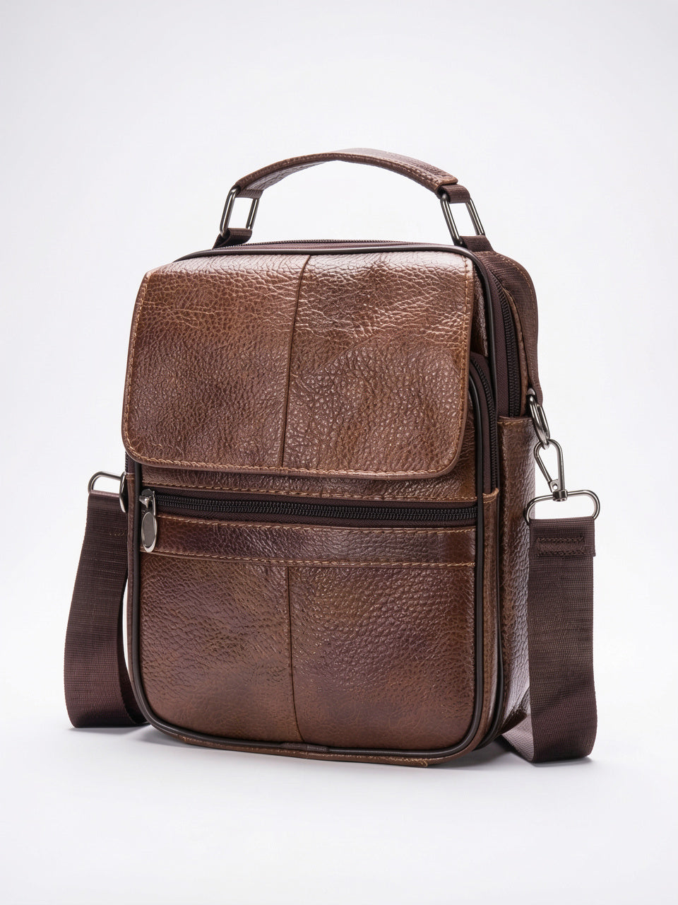 Sacoche Bandoulière Homme Cuir Sécurisée Poche Zippée Compacte - Marron 19cm x 25cm x 6cm