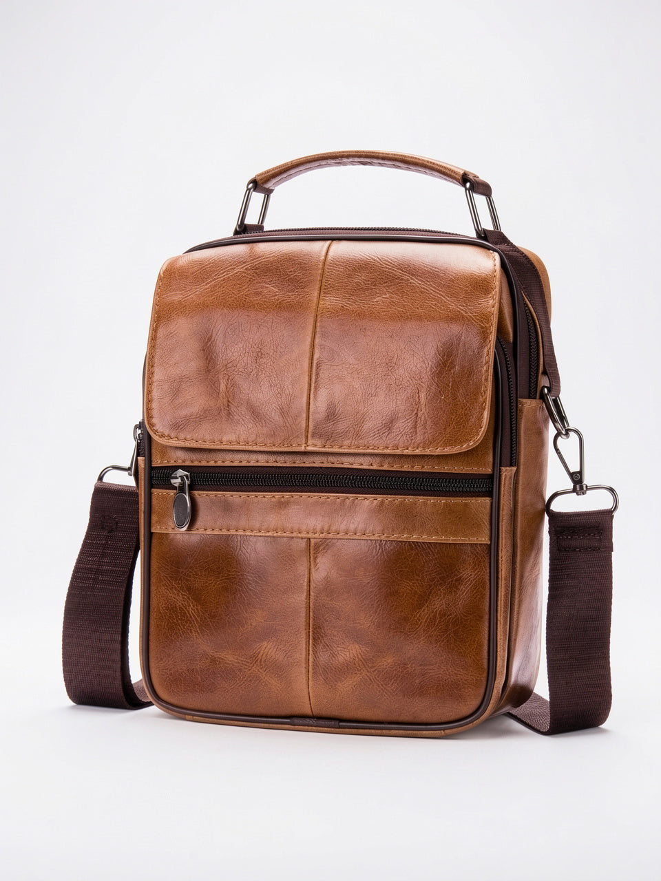 Sacoche Bandoulière Homme Cuir Sécurisée Poche Zippée Compacte - Marron Clair 19cm x 25cm x 6cm