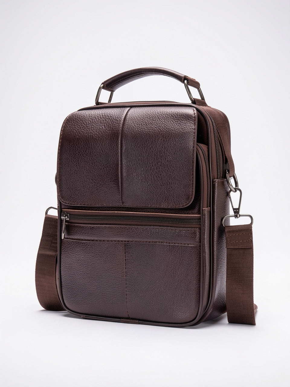 Sacoche Bandoulière Homme Cuir Sécurisée Poche Zippée Compacte - Marron Foncé 19cm x 25cm x 6cm