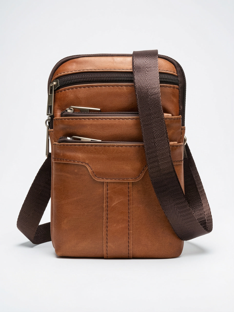 Sacoche Bandoulière Homme Cuir Téléphone Zippée Compacte - Marron Clair 12cm x 20cm x 4cm