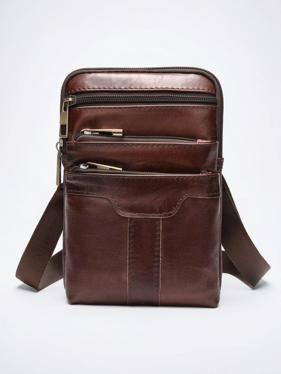 Sacoche Bandoulière Homme Cuir Téléphone Zippée Compacte - Marron Foncé 12cm x 20cm x 4cm