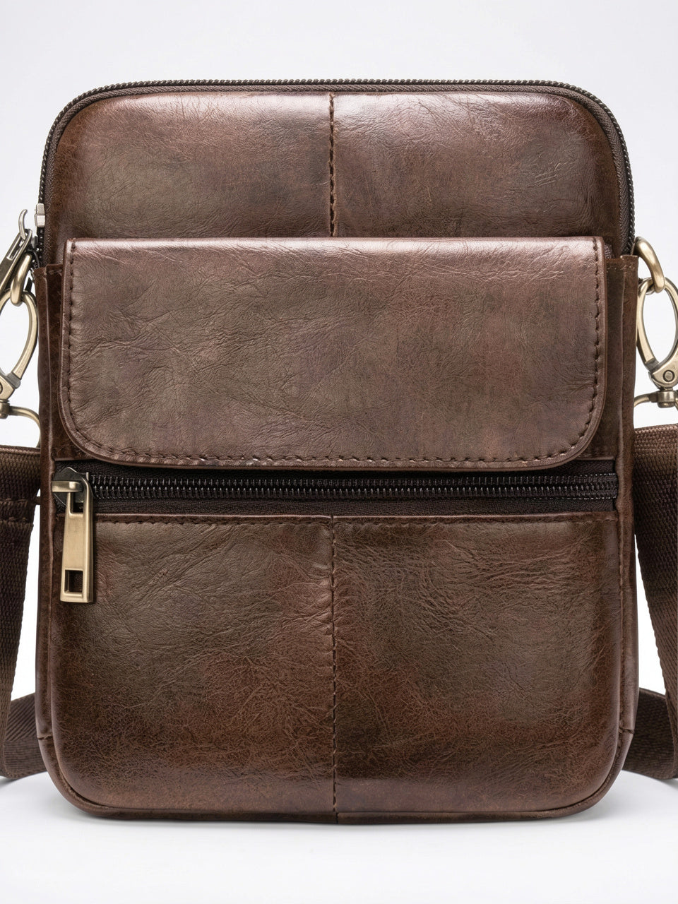 Sacoche Bandoulière Homme en Cuir Discrète Zippée Compacte - Marron 15cm x 20cm x 2.5cm