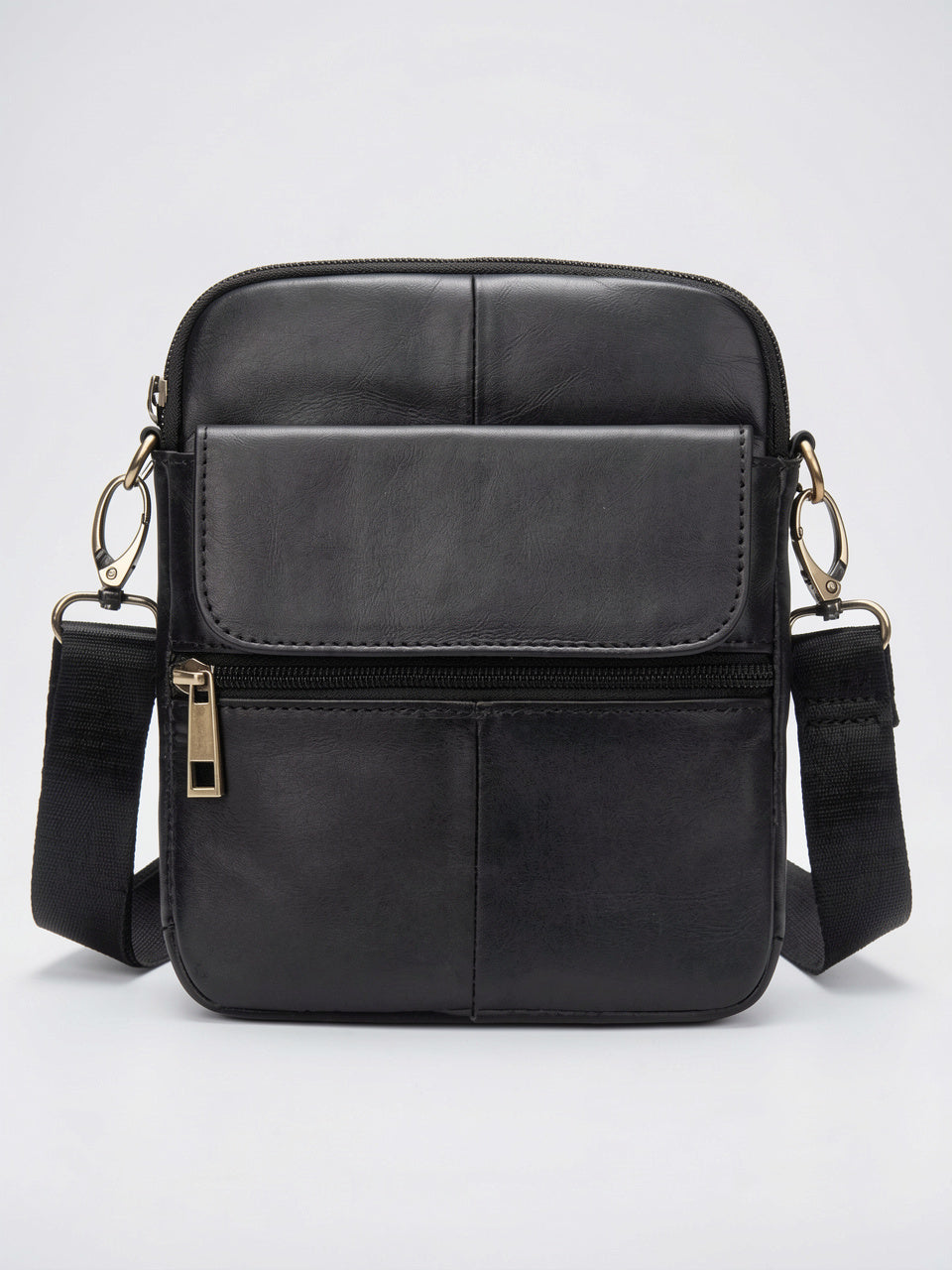 Sacoche Bandoulière Homme en Cuir Discrète Zippée Compacte - Noir 15cm x 20cm x 2.5cm