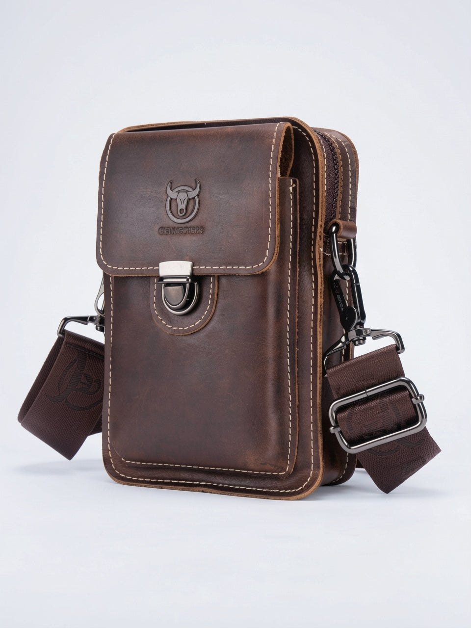 Sacoche Bandoulière Homme en Cuir Résistante Compacte Réglable - Marron 13.5cm x 20cm x 5cm