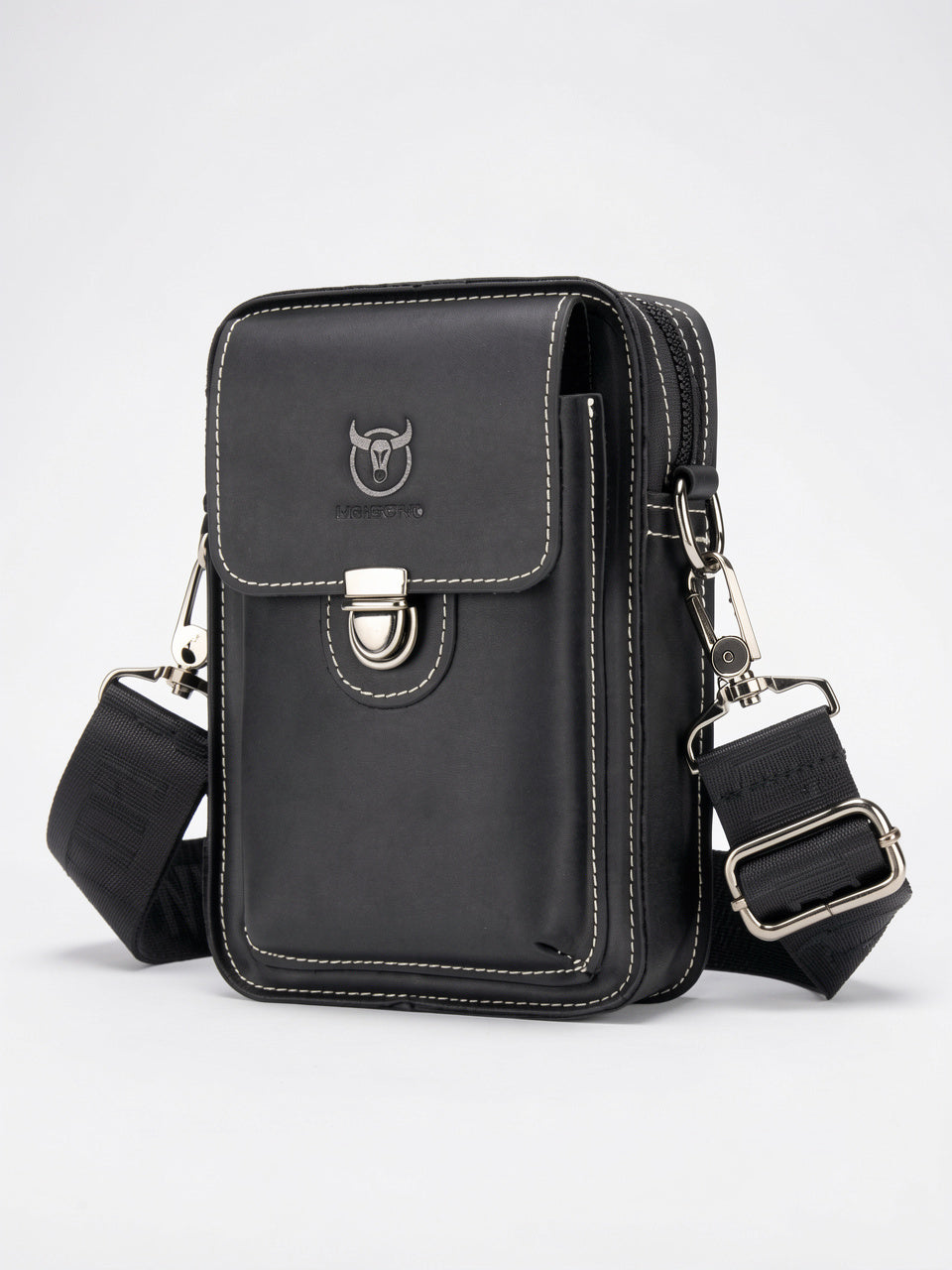 Sacoche Bandoulière Homme en Cuir Résistante Compacte Réglable - Noir 13.5cm x 20cm x 5cm