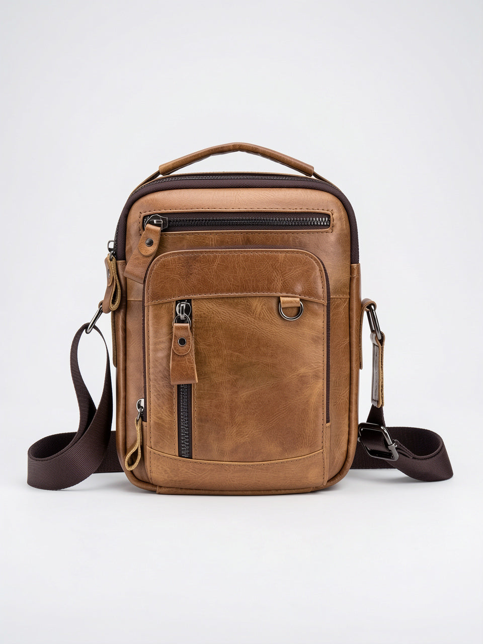 Sacoche Bandoulière Homme en Simili Cuir Pratique Zippée - Camel