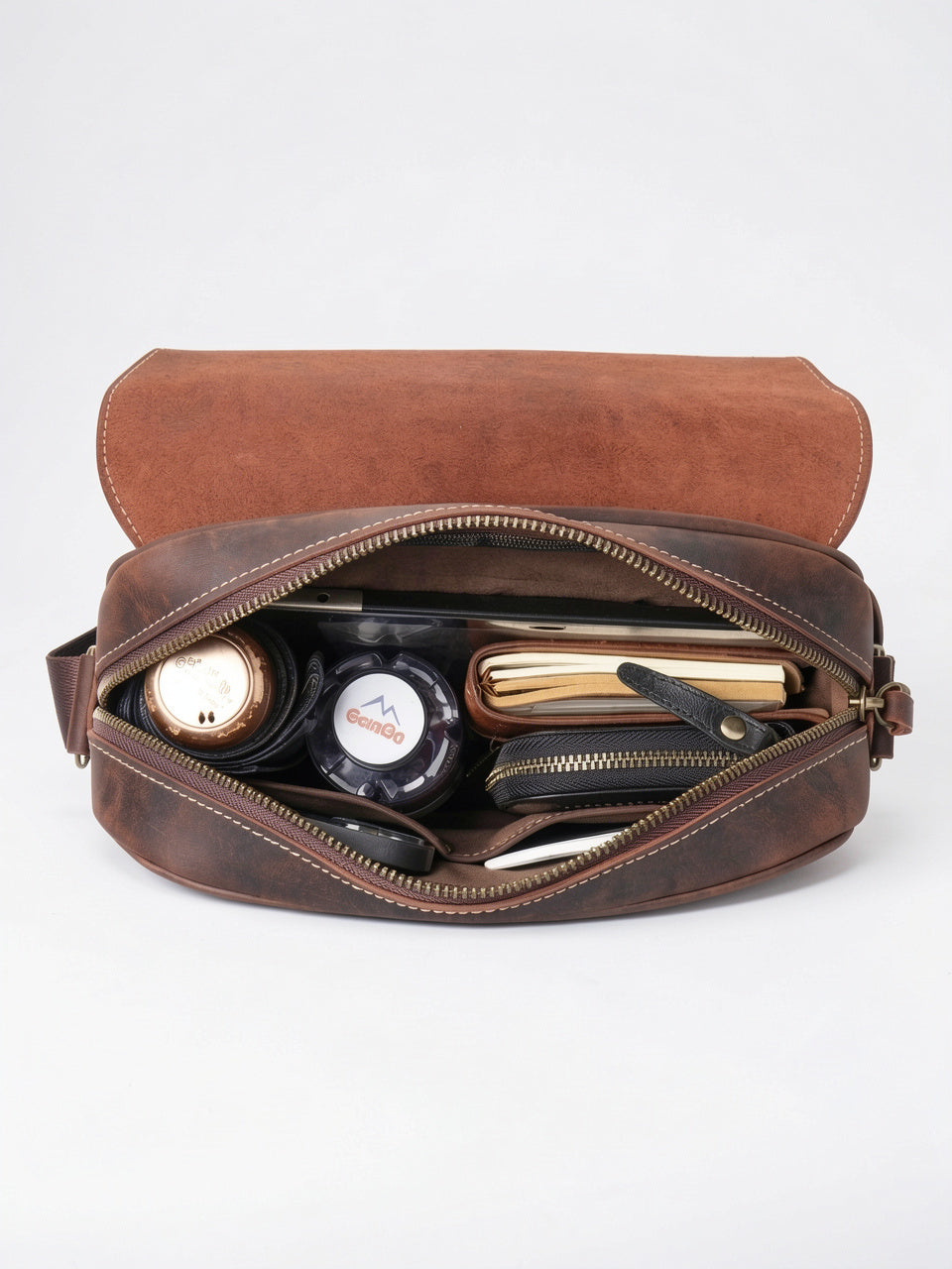 Sacoche Bandoulière Homme Rabat Véritable Cuir Compacte Zippée - 11