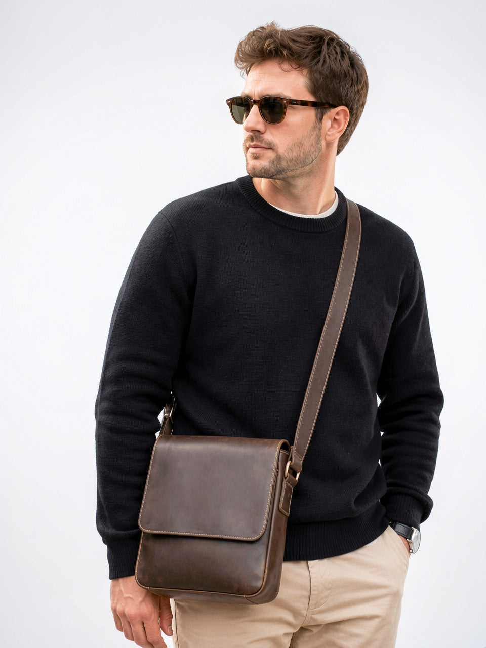 Sacoche Bandoulière Homme Rabat Véritable Cuir Compacte Zippée - 2