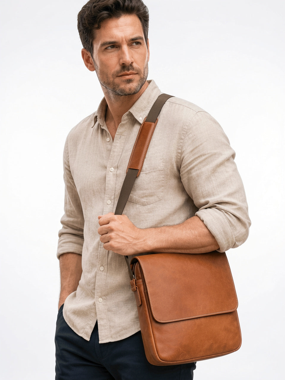 Sacoche Bandoulière Homme Rabat Véritable Cuir Compacte Zippée - 8