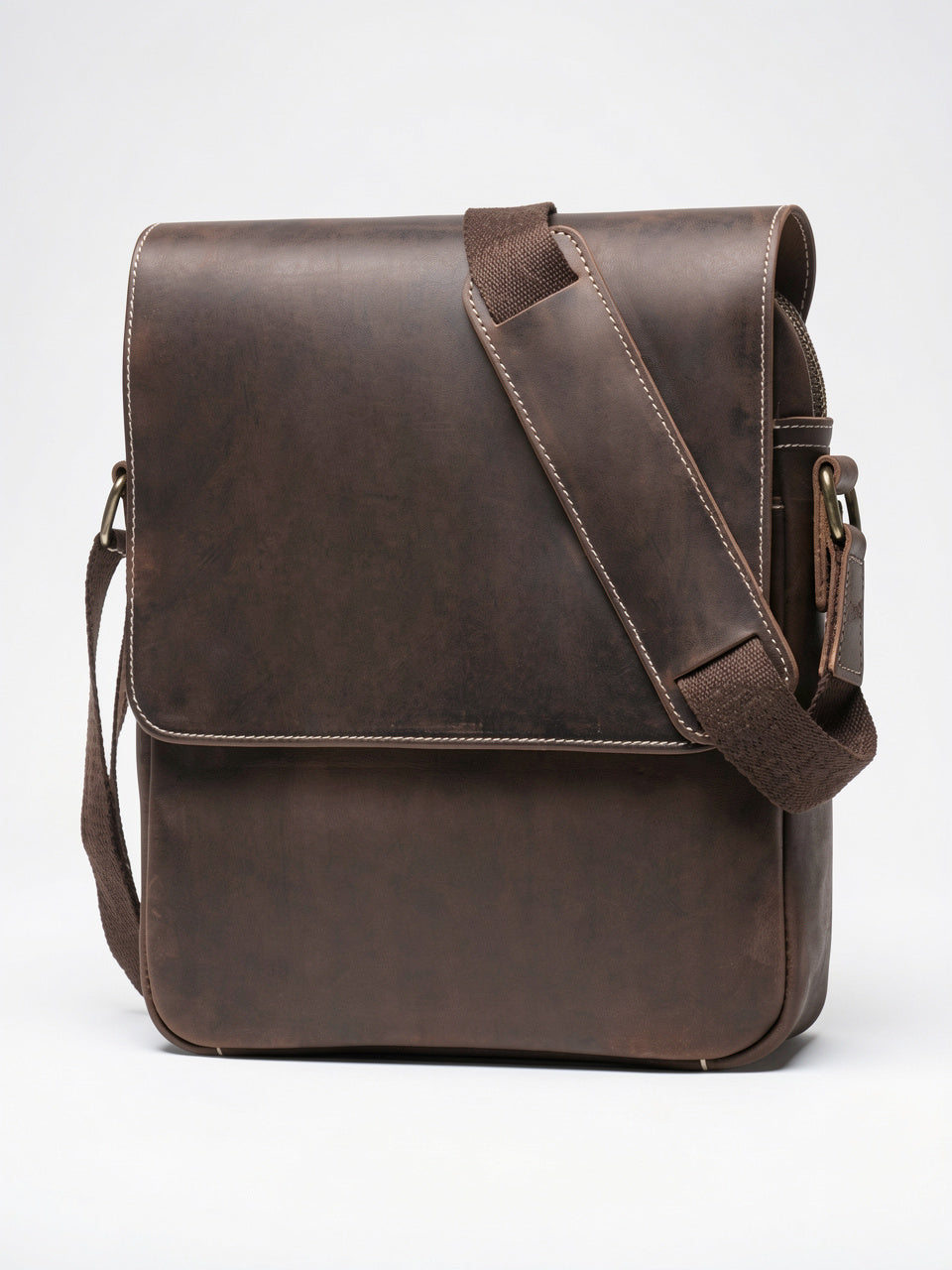 Sacoche Bandoulière Homme Rabat Véritable Cuir Compacte Zippée - Marron Foncé 23cm x 30cm x 6cm