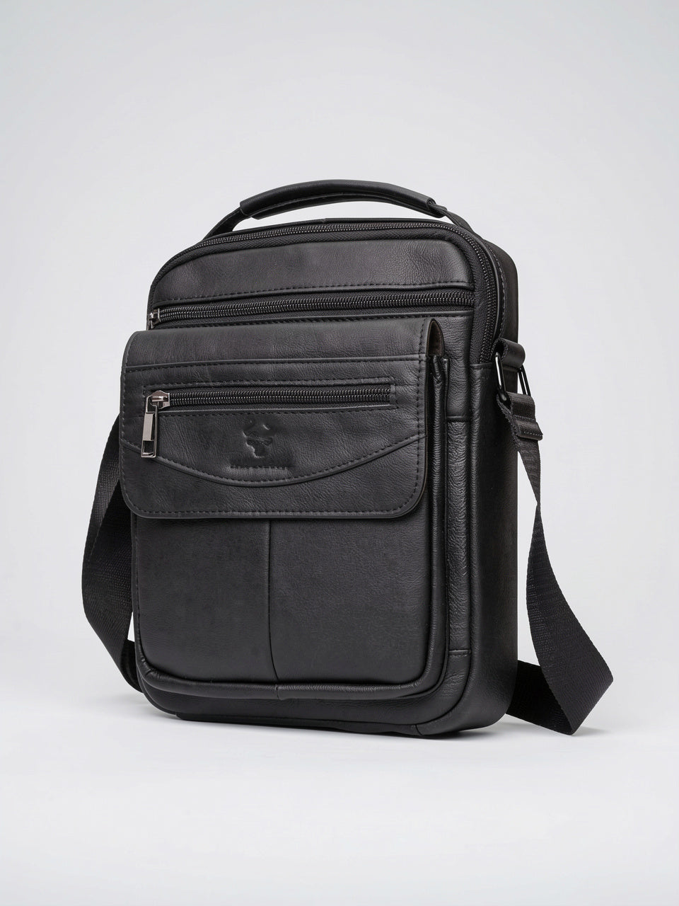 Sacoche Bandoulière Homme Zippée Poignée en Véritable Cuir - Noir