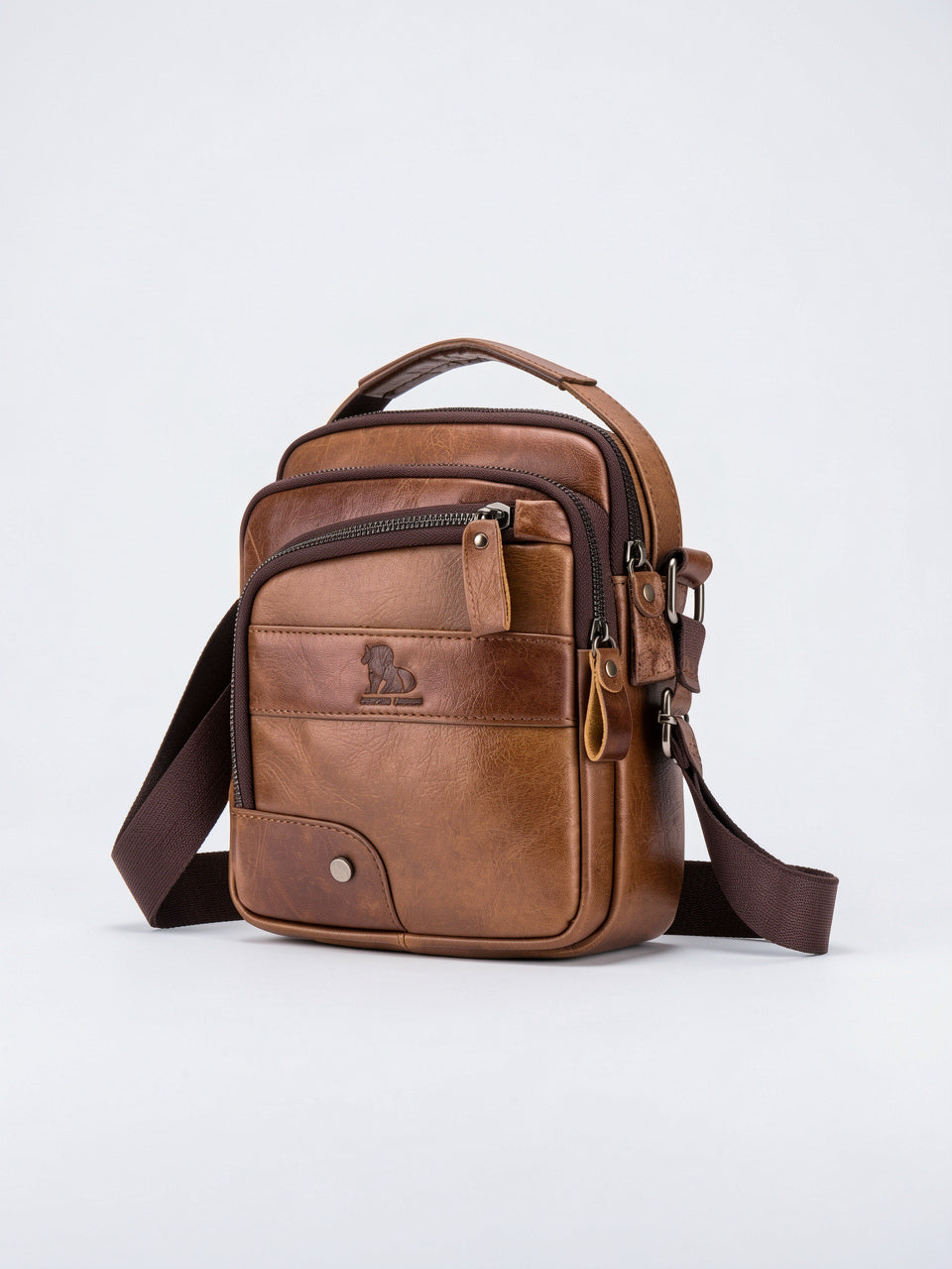 Sacoche Bandoulière Papiers Cuir Zippée Compacte pour Homme - Marron 18cm x 22cm x 7cm