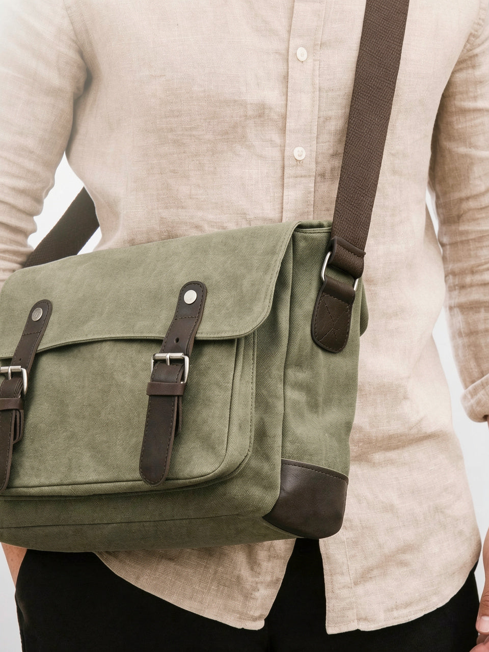 Sacoche Canvas Homme Vintage Travail Rabat Sangles Cuir - 2