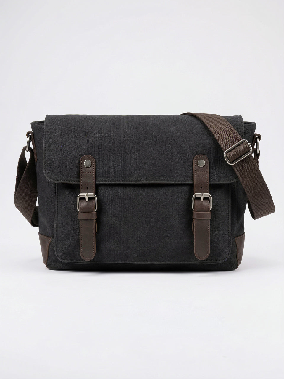 Sacoche Canvas Homme Vintage Travail Rabat Sangles Cuir - Noir