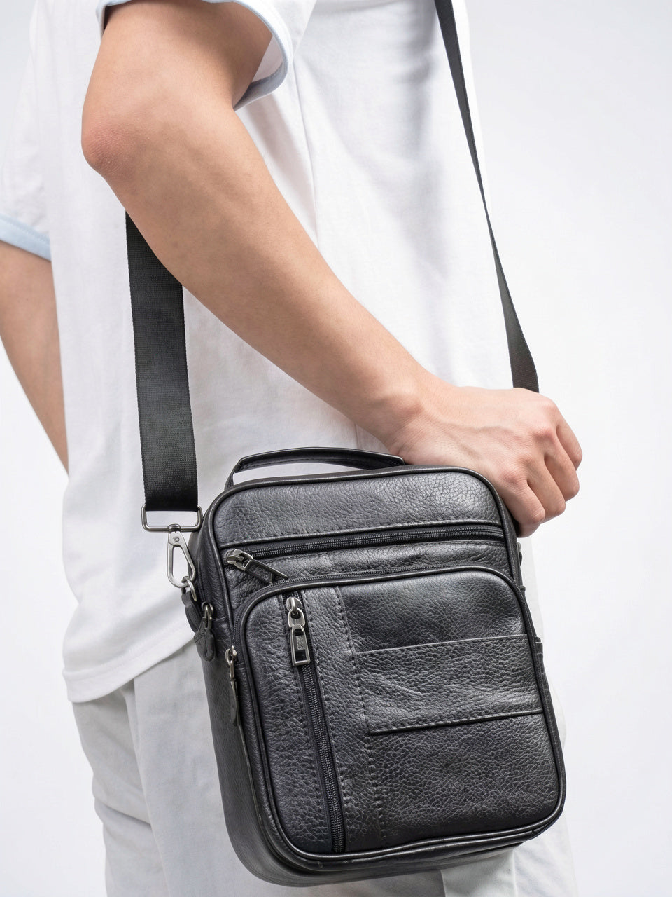 Sacoche Cuir Bandoulière Croisée Zippée Poignée Homme Grainé - 2