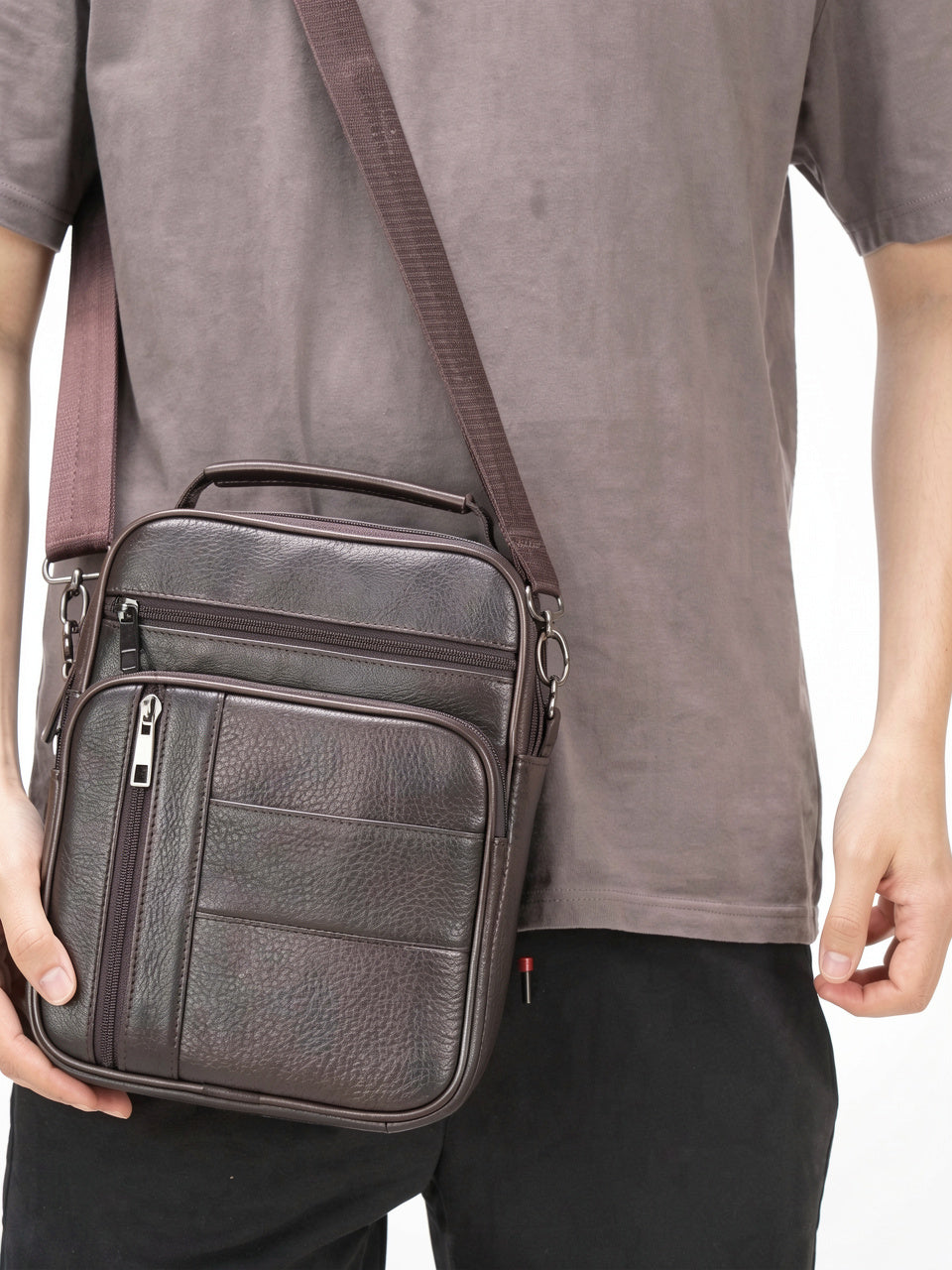 Sacoche Cuir Bandoulière Croisée Zippée Poignée Homme Grainé - 7