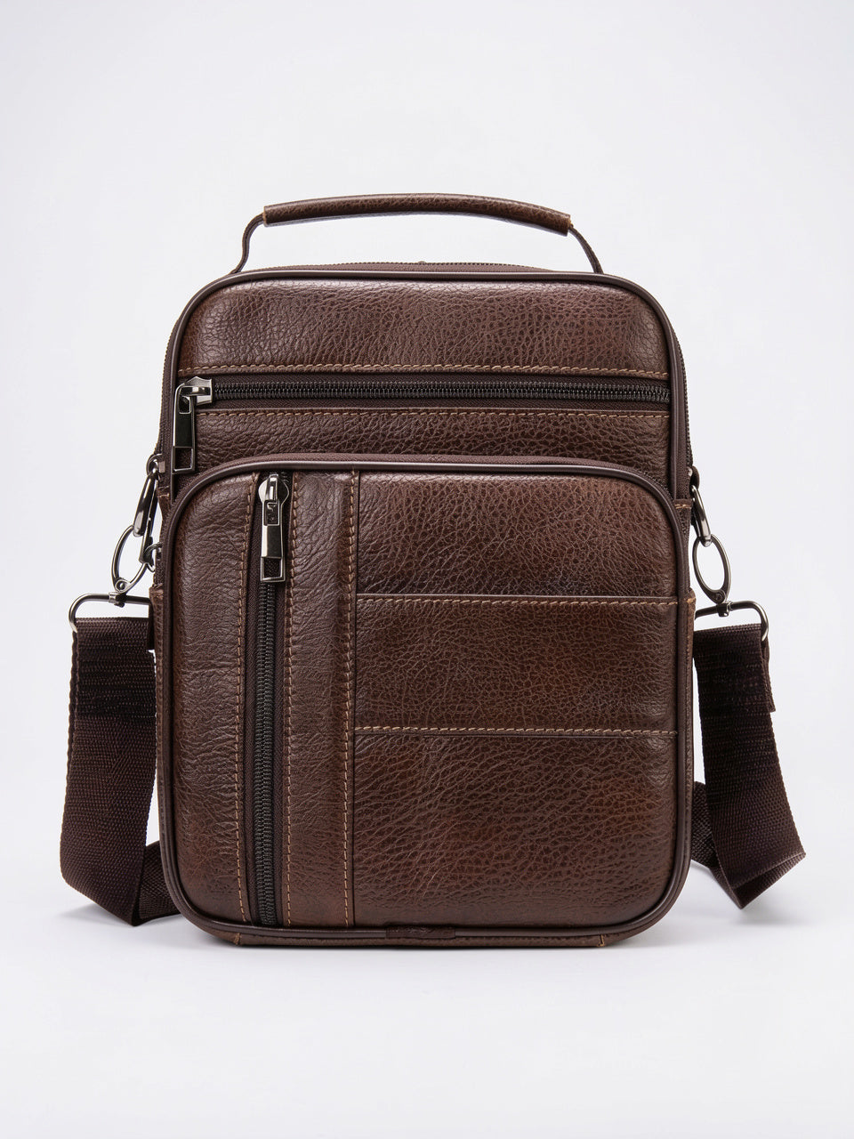 Sacoche Cuir Bandoulière Croisée Zippée Poignée Homme Grainé - Marron 19cm x 25cm x 6cm