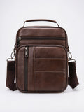 Sacoche Cuir Bandoulière Croisée Zippée Poignée Homme Grainé - Marron 19cm x 25cm x 6cm