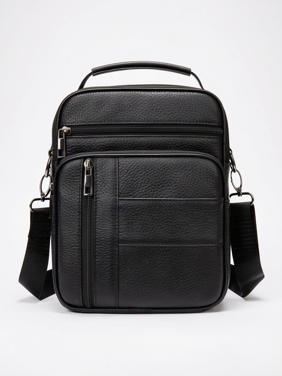 Sacoche Cuir Bandoulière Croisée Zippée Poignée Homme Grainé - Noir 19cm x 25cm x 6cm
