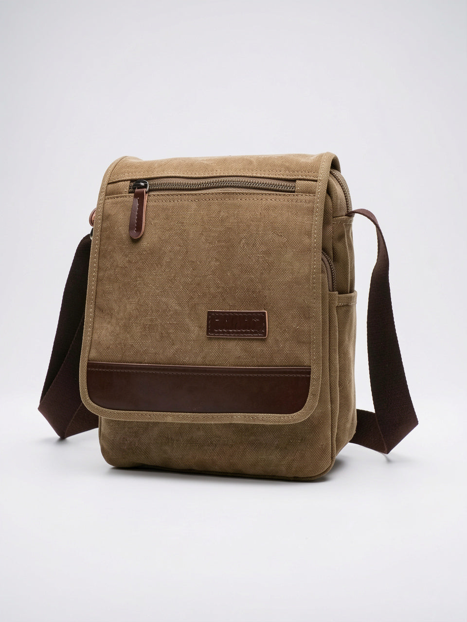 Sacoche Homme avec Rabat en Toile Sangle Réglable - Camel Moyenne