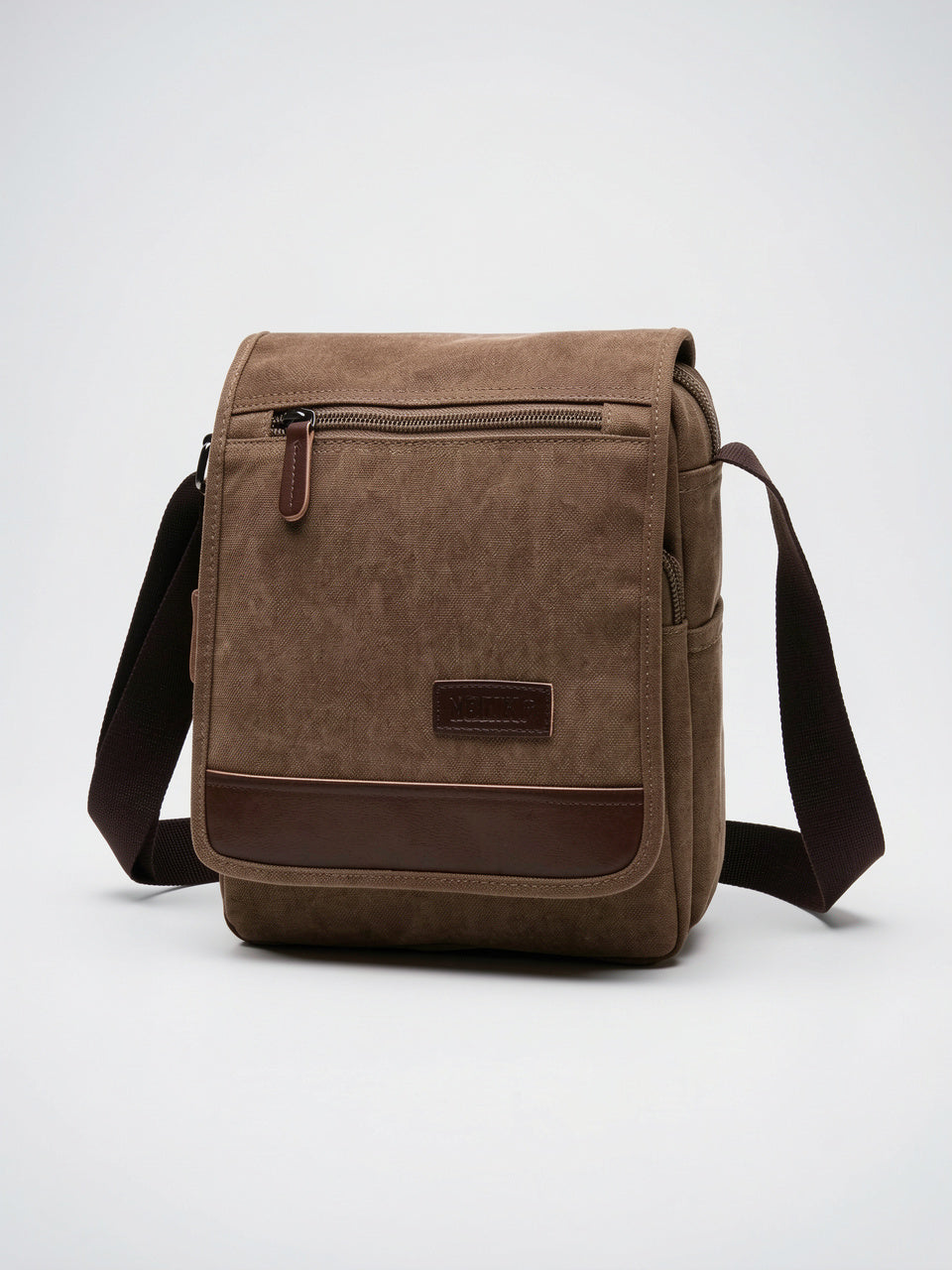 Sacoche Homme avec Rabat en Toile Sangle Réglable - Marron Moyenne