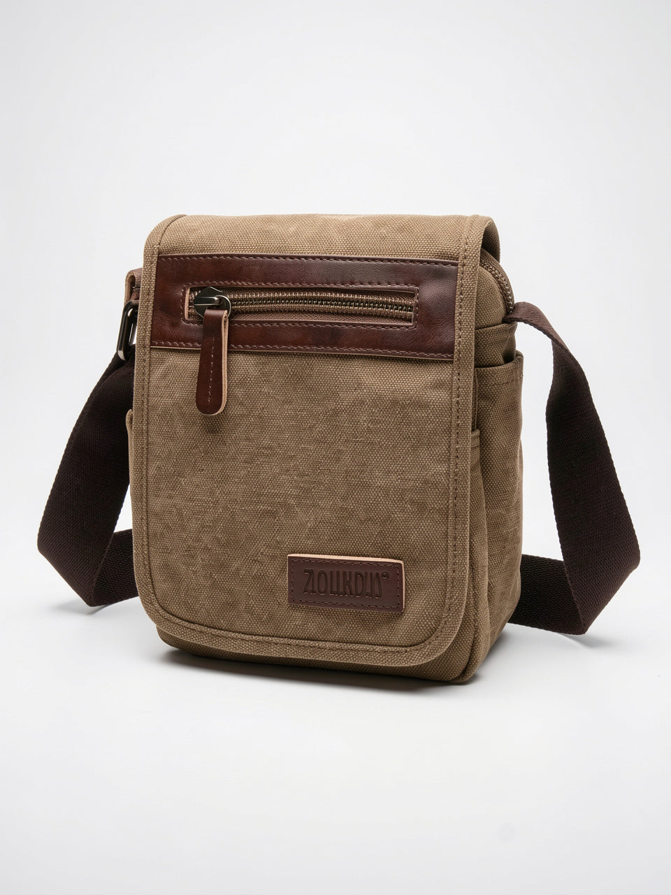 Sacoche Homme avec Rabat en Toile Sangle Réglable - Marron Petite
