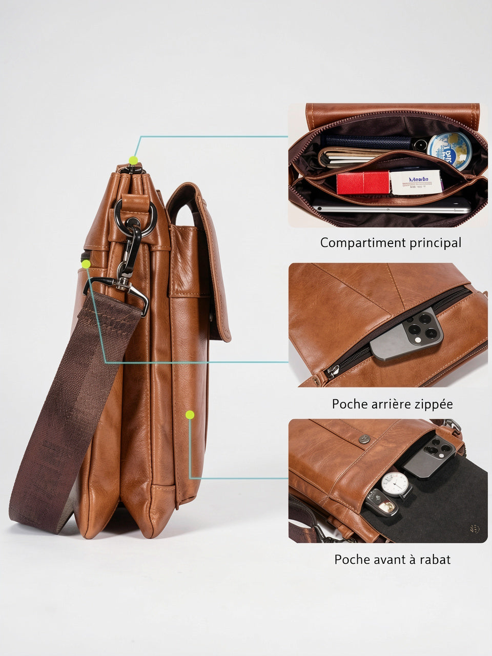 Sacoche Homme Cuir Spacieuse et Élégante Bandoulière Croisée - 6