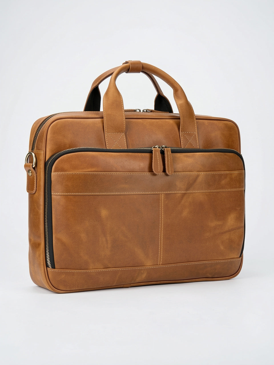 Sacoche Ordinateur Homme Cuir Fleur Pleine 17 Pouces - Marron Clair 44cm x 32cm x 10cm