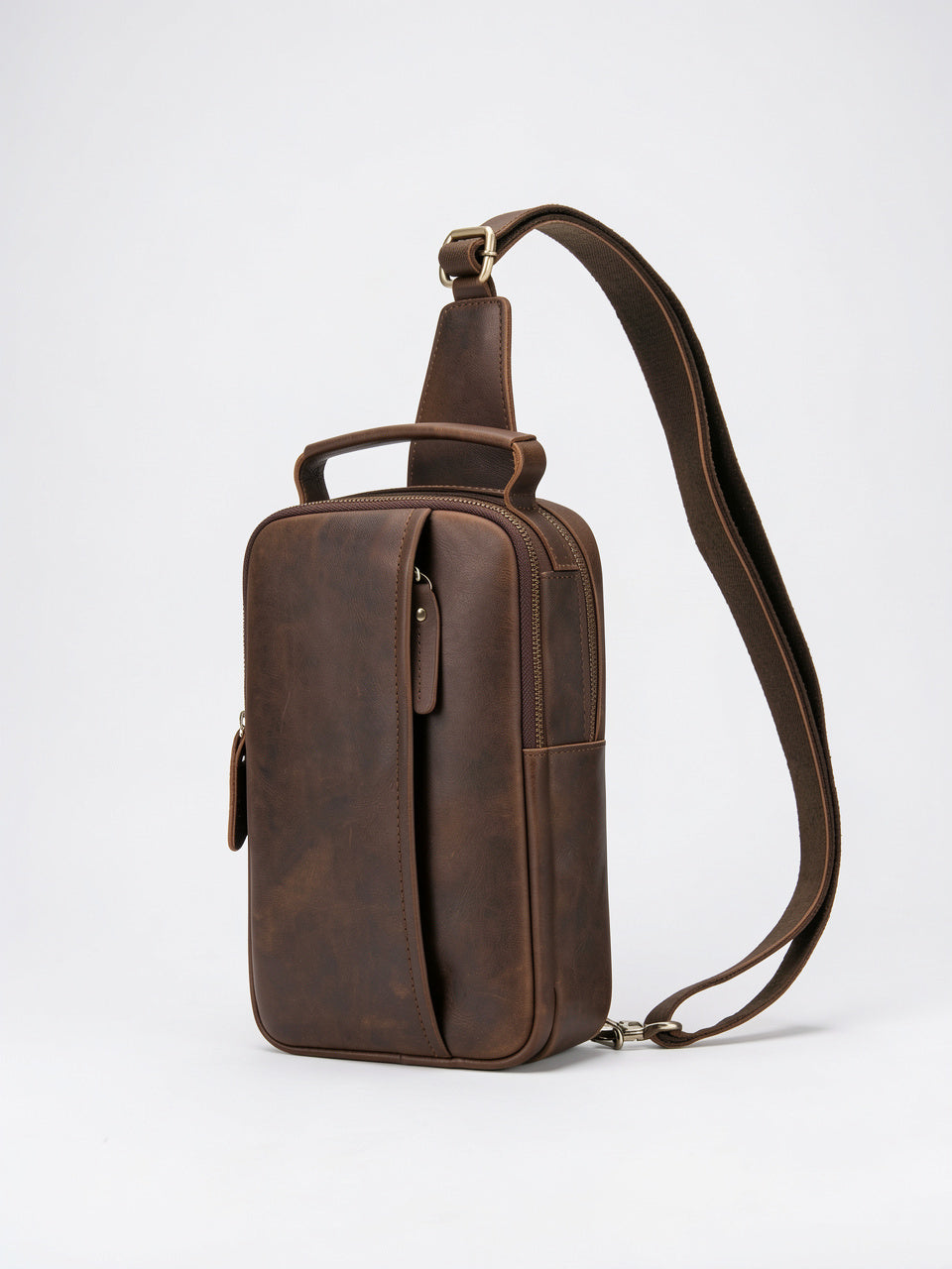 Sacoche Poitrine Bandoulière Homme Cuir Portée Zippée Compacte - Marron Foncé 17cm x 26cm x 9cm