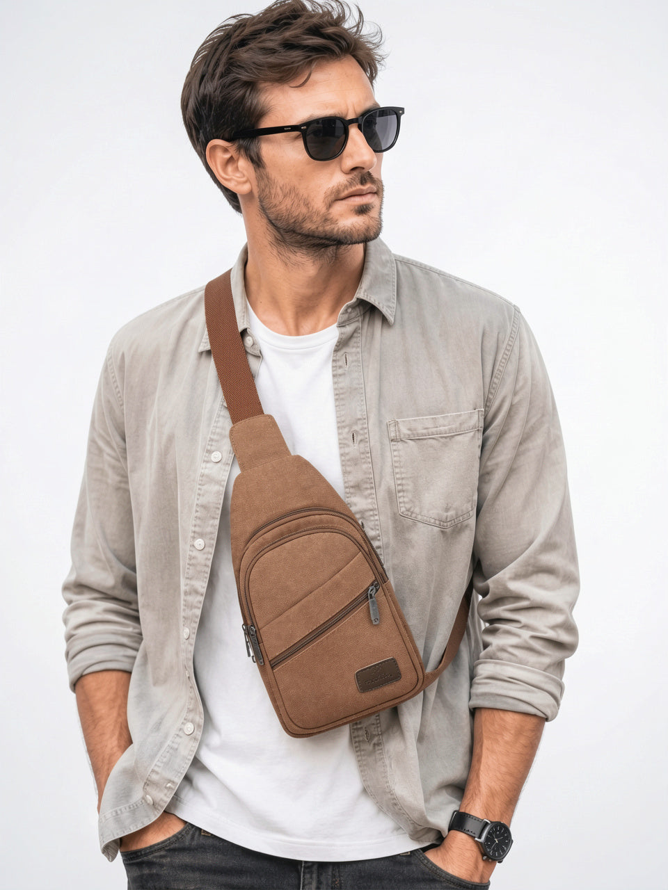 Sacoche Poitrine Homme Toile Multi-Poches Imperméable Sangle Épaule - 2
